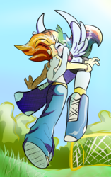 Size: 1834x2929 | Tagged: safe, artist:heyerika, rainbow dash, spitfire, human, equestria girls, g4, blushing, clothes, duo, eyes closed, female, flying, kiss on the lips, kissing, lesbian, midriff, multicolored hair, ponied up, ship:spitdash, shipping, sports bra, tank top, winged humanization, wings