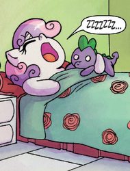 Size: 640x844 | Tagged: safe, idw, spike, sweetie belle, dragon, friends forever #13, g4, my little pony: friends forever, bed, comic, doll, nose in the air, sleeping, snoring, spike plushie, toy, zzz