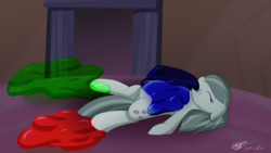 Size: 1920x1080 | Tagged: safe, artist:icy wings, marble pie, goo, pony, g4, eyes closed, female, fetish, floppy ears, force feeding, inflation, lying, marblepred, mare, on back, oral vore, slime, slime inflation, stuffing, swallowing, unwilling predator, vore