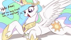 Size: 1500x844 | Tagged: safe, artist:ncmares, princess celestia, oc, oc:anon, alicorn, human, pony, chest fluff, cute, cutelestia, dialogue, female, giant pony, giantlestia, glomp, macro, make some friends, male, mare, open mouth, prone, simple background, smiling, spread wings, white background, wings