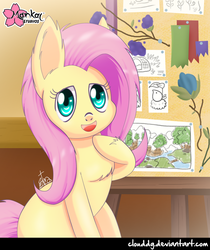 Size: 840x1000 | Tagged: safe, artist:clouddg, fluttershy, pegasus, pony, fluttershy leans in, g4, chest fluff, female, fluttershy's dreamboard, mare, open mouth, raised hoof, sitting, solo