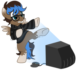 Size: 3500x3172 | Tagged: safe, artist:lostinthetrees, oc, oc only, oc:playthrough, pegasus, pony, clothes, controller, high res, joystick, male, simple background, solo, stallion, standing, standing on one leg, sweater, television, transparent background, vector