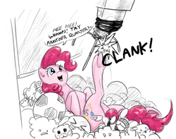 Size: 1115x879 | Tagged: safe, artist:testostepone, pinkie pie, oc, oc:runtime, earth pony, pony, g4, claw machine, colored sketch, cute, denied, dialogue, diapinkes, female, kicking, lying down, mare, on back, open mouth, pinkie prick, plushie, smiling, solo, trolling, underhoof
