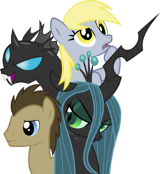 Size: 6471x7031 | Tagged: safe, artist:lykas13, derpy hooves, doctor whooves, queen chrysalis, time turner, changeling, pegasus, pony, g4, absurd resolution, bedroom eyes, fangs, female, mare, simple background, transparent background, vector