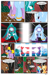 Size: 792x1224 | Tagged: safe, artist:dekomaru, applejack, rainbow dash, trixie, twilight sparkle, oc, oc:hazel lulamoon, oc:lock-down, pony, comic:the greatest gift, g4, comic, magic, magic suppression, trap (device)