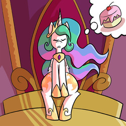 Size: 576x576 | Tagged: safe, artist:pembroke, princess celestia, alicorn, pony, g4, both cutie marks, cake, cakelestia, eyes closed, fat ass, food, thick, thiklestia, thinking, thought bubble, throne