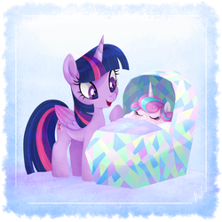 Size: 1280x1281 | Tagged: safe, artist:mn27, princess flurry heart, twilight sparkle, alicorn, pony, g4, auntie twilight, baby, baby pony, best aunt ever, crib, cute, female, filly, flurrybetes, foal, mare, simple background, sleeping, smiling, twilight sparkle (alicorn)