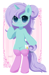 Size: 600x912 | Tagged: safe, artist:exceru-karina, oc, oc only, oc:lila breeze, pony, unicorn, bipedal, blushing, clothes, socks, solo