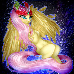 Size: 1000x1000 | Tagged: safe, artist:fantisai, fluttershy, pegasus, pony, g4, eyelashes, feather, female, flower, flower in hair, hat, mare, simple background, solo, space, wings