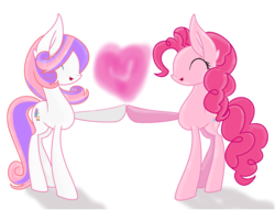 Size: 2596x1980 | Tagged: safe, artist:bookstarlasany, pinkie pie, oc, oc:partystar phydy, earth pony, pony, g4, eyes closed, female, hoofbump, mare, simple background, white background