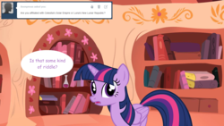 Size: 1280x720 | Tagged: safe, artist:hakunohamikage, twilight sparkle, alicorn, pony, ask-princesssparkle, g4, ask, book, female, golden oaks library, solo, tumblr, twilight sparkle (alicorn)