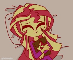Size: 1213x1000 | Tagged: safe, artist:psychodiamondstar, sunset shimmer, equestria girls, g4, book, clothes, cute, eyes closed, female, hug, journal, pajamas, shimmerbetes, solo