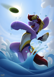 Size: 844x1200 | Tagged: safe, artist:bcpony, oc, oc only, oc:corduroy road, earth pony, pony, athlete, cap, clothes, commission, hat, male, ocean, one-piece swimsuit, open mouth, solo, stallion, swimsuit, underhoof, water polo