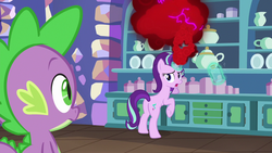 Size: 1280x720 | Tagged: safe, screencap, spike, starlight glimmer, dragon, pony, all bottled up, g4, anger magic, butt, eyes on the prize, female, magic, mare, plot
