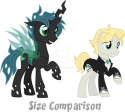 Size: 1600x1440 | Tagged: safe, artist:nstone53, oc, oc only, oc:mothball, oc:mothball gala, changeling, earth pony, pony, fanfic:daughter of discord, clothes, disguise, disguised changeling, male, raised hoof, simple background, size comparison, solo, stallion, suit, transparent background, watermark
