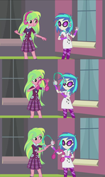 Size: 1276x2160 | Tagged: safe, screencap, dj pon-3, lemon zest, vinyl scratch, equestria girls, friendship games bloopers, g4, screencap comic