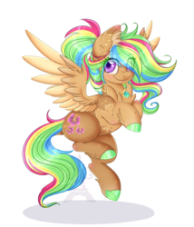 Size: 1024x1195 | Tagged: safe, artist:pvrii, oc, oc only, oc:hibiscus mist, pegasus, pony, ear piercing, earring, female, flying, jewelry, looking at you, mare, multicolored hair, piercing, simple background, smiling, solo, spread wings, transparent background, wings