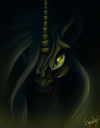 Size: 1104x1412 | Tagged: safe, artist:comsing8, nightmare moon, alicorn, pony, g4, female, helmet, looking at you, scar, solo