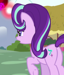 Size: 511x596 | Tagged: safe, screencap, starlight glimmer, pony, unicorn, all bottled up, g4, butt, cropped, female, mare, open mouth, plot, raised hoof, rear view, solo
