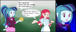 Size: 2500x1080 | Tagged: safe, artist:7los7, sonata dusk, equestria girls, g4, my little pony equestria girls: rainbow rocks, clothes, crying, dialogue, duo, food, meme, sad, smiling, smug, smug wendy's, speech bubble, taco, taco bell, that girl sure loves tacos, wendy's