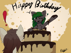 Size: 4000x3000 | Tagged: safe, artist:polakz, oc, oc only, oc:hartenas, oc:sushi, pony, birthday, birthday cake, cake, chocolate, food, happy birthday, popping out of a cake