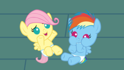 Size: 1920x1080 | Tagged: safe, artist:babyshy, fluttershy, rainbow dash, pony, g4, age regression, baby, baby dash, baby pony, babyshy, base used, diaper, female, hoof sucking, mare, show accurate, younger