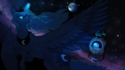 Size: 4575x2573 | Tagged: dead source, safe, artist:umbachhia, princess luna, alicorn, pony, g4, crossover, hand, high res, magic, magic hands, nebula, personality core, portal (valve), space, stars, telekinesis, wheatley