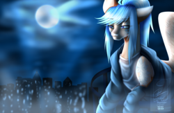 Size: 2698x1760 | Tagged: safe, artist:minelvi, oc, oc only, oc:v, pegasus, pony, building, city, clothes, female, full moon, mare, moon, night, outdoors, pegasus oc, solo, wings