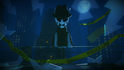 Size: 3840x2160 | Tagged: safe, artist:dj-chopin, pony, 3d, caution tape, city, clothes, coat, crossover, dc comics, fedora, glass, hat, high res, male, mask, moon, night, noir, ponified, rorschach, shattered glass, solo, stallion, trenchcoat, watchmen