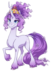 Size: 1000x1400 | Tagged: safe, artist:heilos, tree of harmony, oc, oc only, oc:harmony (heilos), classical unicorn, pony, unicorn, big crown thingy, cloven hooves, elements of harmony, female, flower, flower in hair, horn, jewelry, leonine tail, mare, ponified, raised hoof, regalia, simple background, smiling, solo, transparent background, unshorn fetlocks