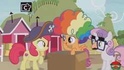 Size: 1920x1080 | Tagged: safe, screencap, apple bloom, scootaloo, sweetie belle, earth pony, pony, g4, hard to say anything, season 7, agent rainbow head, box, clown wig, cutie mark crusaders, disguise, dressup, groucho mask, hat, pirate hat, shimmering spectacles, spyrate