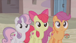 Size: 400x225 | Tagged: safe, screencap, apple bloom, scootaloo, sweetie belle, earth pony, pony, g4, hard to say anything, animated, cutie mark crusaders, female, gif, mane toss