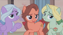 Size: 1236x694 | Tagged: safe, screencap, dear darling, fond feather, swoon song, earth pony, pegasus, pony, unicorn, hard to say anything, background pony, bimbettes, bow, female, mare, tail, tail bow, trio, trio female