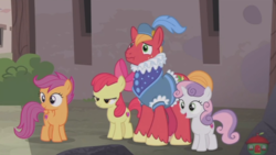 Size: 1920x1080 | Tagged: safe, screencap, apple bloom, big macintosh, scootaloo, sweetie belle, earth pony, pony, g4, hard to say anything, cutie mark crusaders, dressup, male, prince outfit, ruff (clothing), stallion