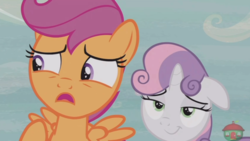 Size: 1920x1080 | Tagged: safe, screencap, scootaloo, sweetie belle, pony, g4, hard to say anything, floppy ears