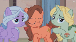 Size: 457x257 | Tagged: safe, screencap, dear darling, fond feather, swoon song, earth pony, pegasus, pony, unicorn, hard to say anything, animated, background pony, bimbettes, bow, female, gif, hair bow, laughing, laughingmares.jpg, one eye closed, tail bow, trio, trio female, waving, wink