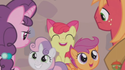 Size: 1920x1080 | Tagged: safe, screencap, apple bloom, big macintosh, scootaloo, sugar belle, sweetie belle, earth pony, pony, g4, hard to say anything, cutie mark crusaders, implied sugarmac, male, shipper on deck, stallion