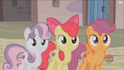 Size: 457x257 | Tagged: safe, screencap, apple bloom, feather bangs, scootaloo, sweetie belle, earth pony, pegasus, pony, unicorn, g4, hard to say anything, animated, cutie mark, cutie mark crusaders, female, filly, gif, hair flip, male, mane flip, stallion, the cmc's cutie marks
