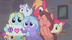 Size: 1236x694 | Tagged: safe, screencap, apple bloom, big macintosh, dear darling, fond feather, scootaloo, sweetie belle, swoon song, earth pony, pegasus, pony, unicorn, g4, hard to say anything, bimbettes, cutie mark crusaders, male, stallion