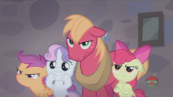 Size: 1236x694 | Tagged: safe, screencap, apple bloom, big macintosh, scootaloo, sweetie belle, earth pony, pony, g4, hard to say anything, cutie mark crusaders, male, stallion, unamused, varying degrees of want