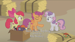 Size: 1920x1080 | Tagged: safe, screencap, apple bloom, scootaloo, sweetie belle, earth pony, pony, g4, hard to say anything, becky wangberg, credits, cutie mark crusaders