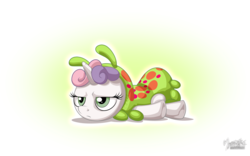 Size: 2560x1600 | Tagged: safe, artist:mysticalpha, sweetie belle, caterpillar, pony, unicorn, forever filly, g4, bored, clothes, costume, female, gradient background, prone, signature, solo, sweetie belle is not amused, unamused