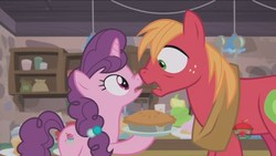 Size: 1920x1080 | Tagged: safe, screencap, big macintosh, sugar belle, earth pony, pony, unicorn, g4, hard to say anything, boop, female, food, interior, male, mare, pie, ship:sugarmac, shipping, stallion, straight