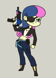 Size: 1142x1600 | Tagged: safe, artist:khuzang, bon bon, sweetie drops, equestria girls, g4, badass, belly button, breasts, cleavage, clothes, equestrian city, eyepatch, female, gray background, gun, humanized, midriff, mp7, pants, scar, secret agent sweetie drops, serious, serious face, simple background, solo, submachinegun, weapon