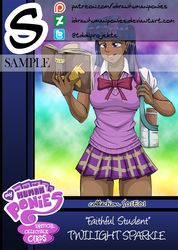 Size: 571x800 | Tagged: safe, artist:muramasa, twilight sparkle, human, g4, bag, book, clothes, dark skin, female, human ponies: unofficial collectible cards, humanized, obtrusive watermark, patreon, patreon logo, school uniform, solo, watermark