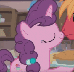 Size: 689x679 | Tagged: safe, screencap, big macintosh, sugar belle, pony, unicorn, g4, hard to say anything, animated, boop, cute, food, gif, hnnng, laughing, noseboop, pie, sugarbetes