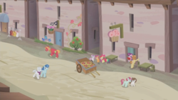 Size: 1236x694 | Tagged: safe, screencap, apple bloom, big macintosh, double diamond, feather bangs, party favor, scootaloo, sugar belle, sweetie belle, earth pony, pony, g4, hard to say anything, cutie mark crusaders, male, our town, stallion