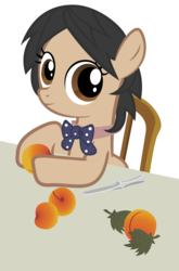Size: 5345x8098 | Tagged: safe, artist:lykas13, earth pony, pony, absurd resolution, bowtie, female, filly, fine art parody, food, girl with peaches, herbivore, knife, leaf, looking at you, mare, parody, peach, ponified, simple background, smiling, solo, transparent background, vector
