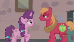 Size: 600x338 | Tagged: safe, screencap, big macintosh, sugar belle, earth pony, pony, g4, hard to say anything, animated, blushing, boop, duo, female, gif, good end, kiss boop, male, mare, noseboop, ship:sugarmac, shipping, stallion, straight