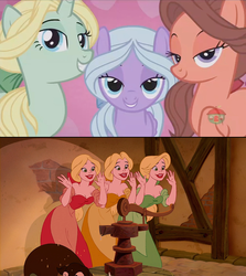 Size: 1236x1388 | Tagged: safe, edit, screencap, dear darling, fond feather, swoon song, pony, g4, hard to say anything, beauty and the beast, bimbettes, bimbettes (beauty and the beast), comparison, disney